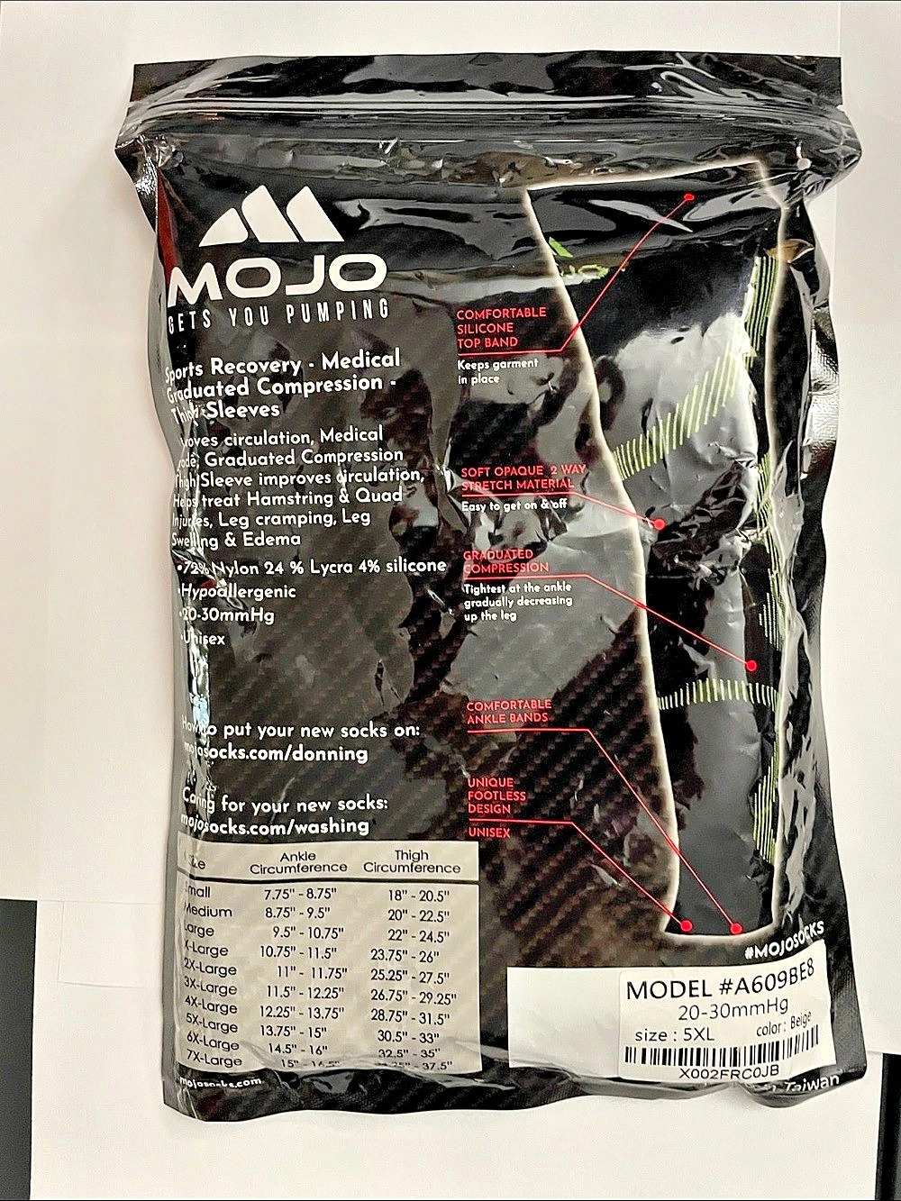 Mojo #A609BE8 Footless Compression Calf Sleeves Beige 5XL NWT